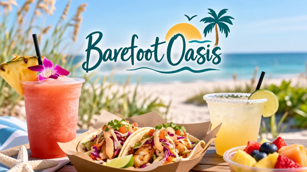 Barefoot Oasis beachside café and bar at Barefoot Beach Preserve in Bonita Springs, Florida, offering food and tropical drinks near the Gulf.