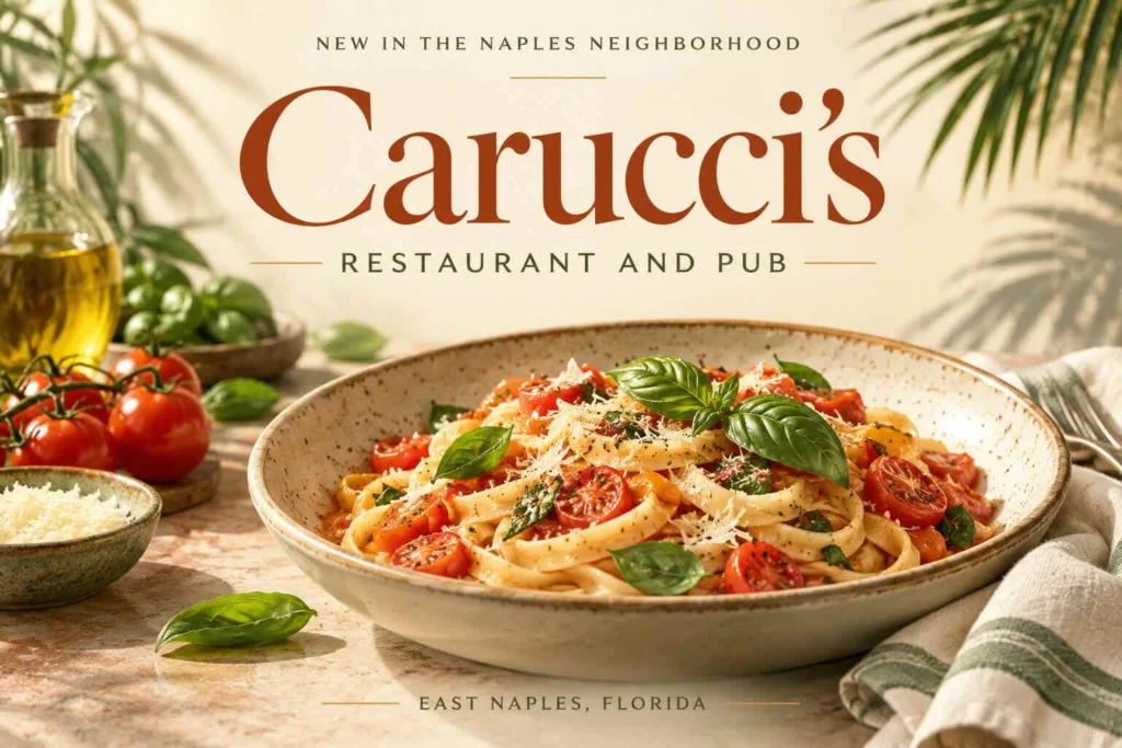 Carucci’s Restaurant and Pub in East Naples blog graphic featuring Italian pasta and tropical palm accents.