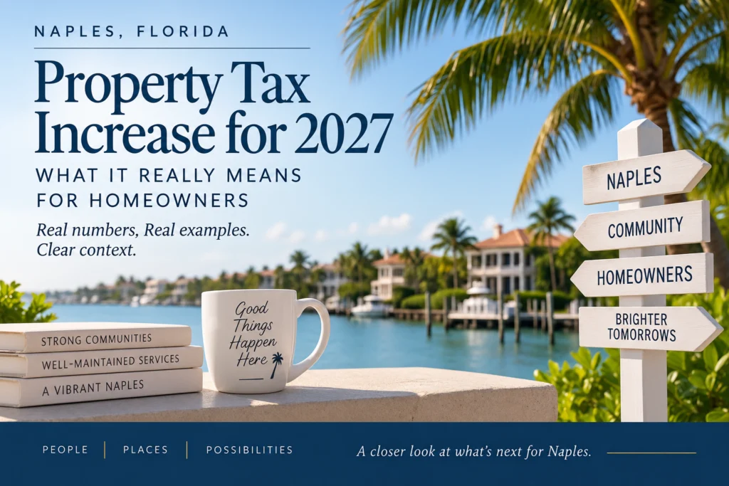 A bright Naples, Florida waterfront scene with palm trees and luxury homes, featuring the headline “Property Tax Increase for 2027: What It Really Means for Homeowners,” designed to accompany an informational article explaining the tax change with real homeowner cost examples.