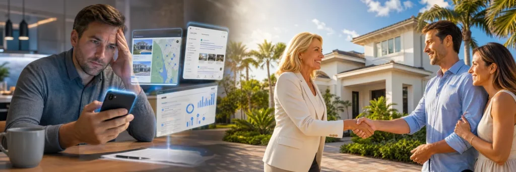 A client on one side using digital system and on the other side benefiting from a real estate agent.
