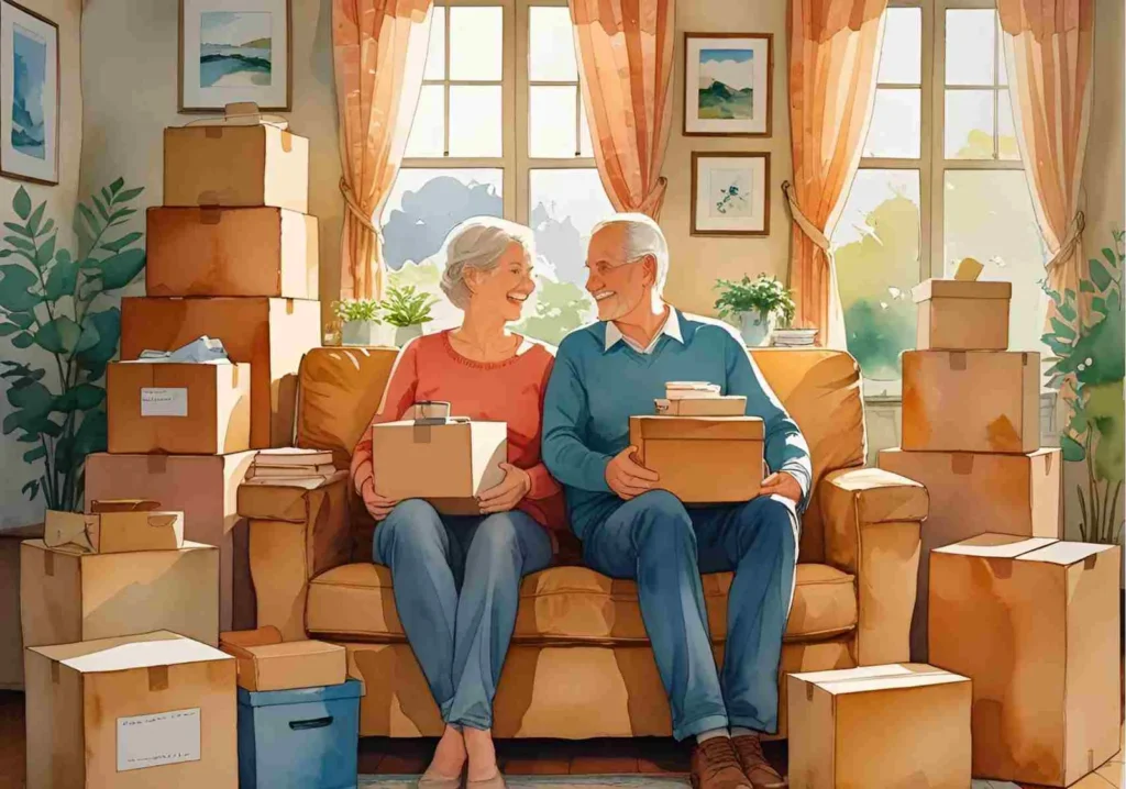 A couple on the couch with moving boxes