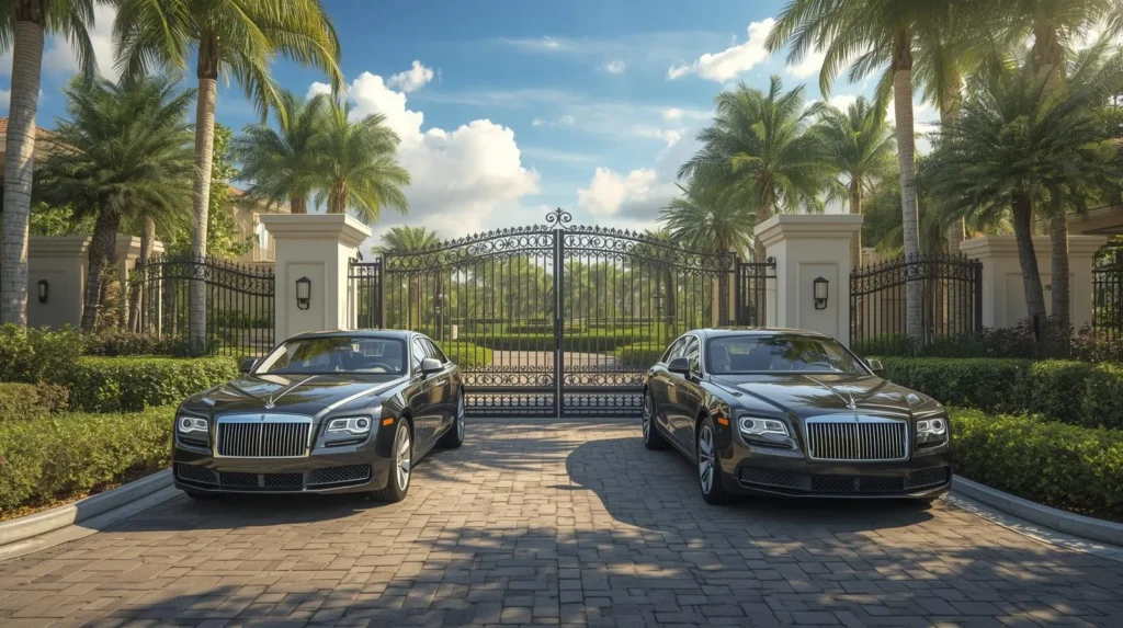 A entry gate with two cars