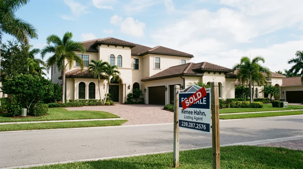 A luxury naples home with sold sign in the yard.