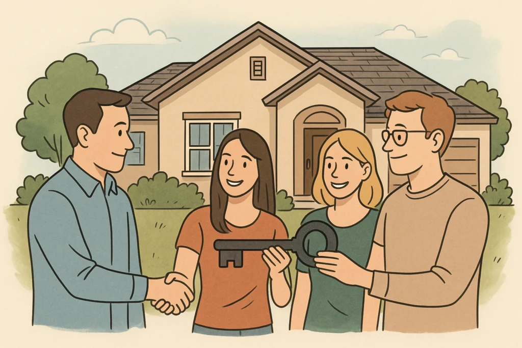A realtor and family handing over key