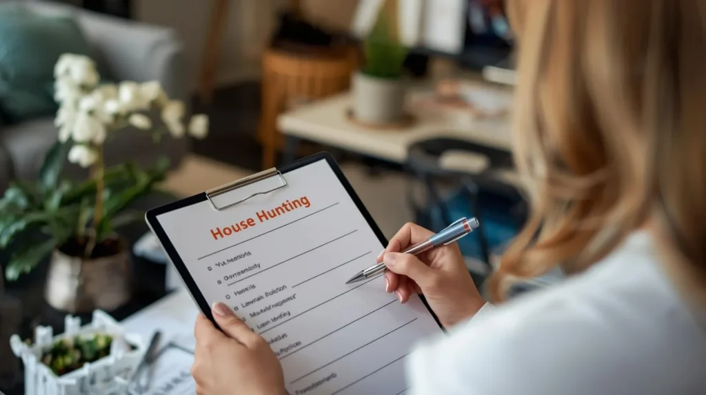 A woman with house hunting comparison list