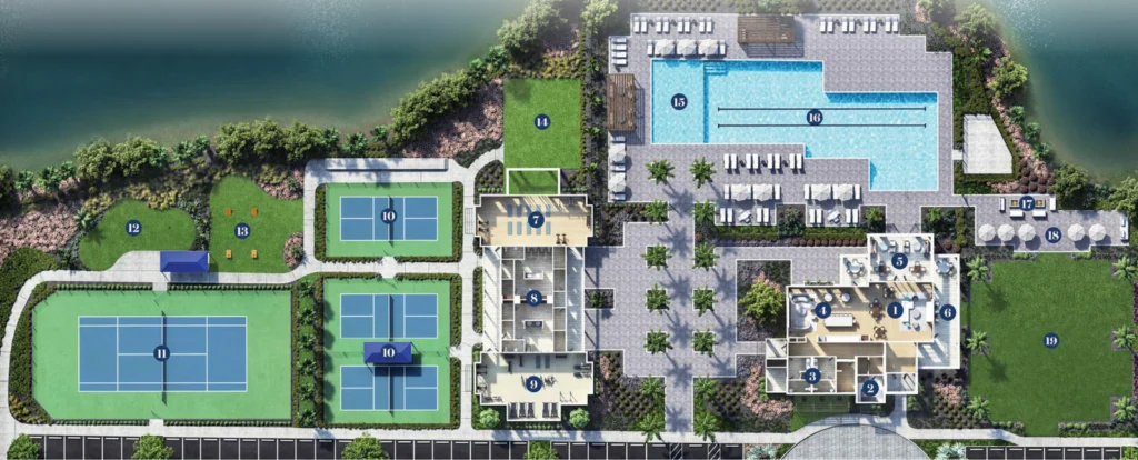 Aerial site plan of Seven Shores amenity center with pool and courts