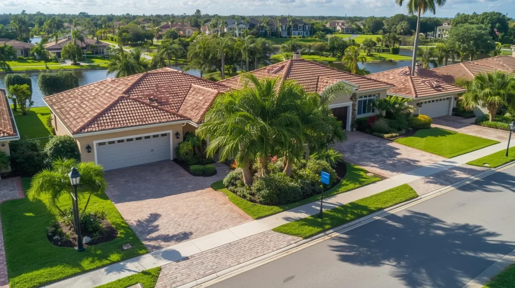 Aerial view of homes with tile roofs in a Naples planned community