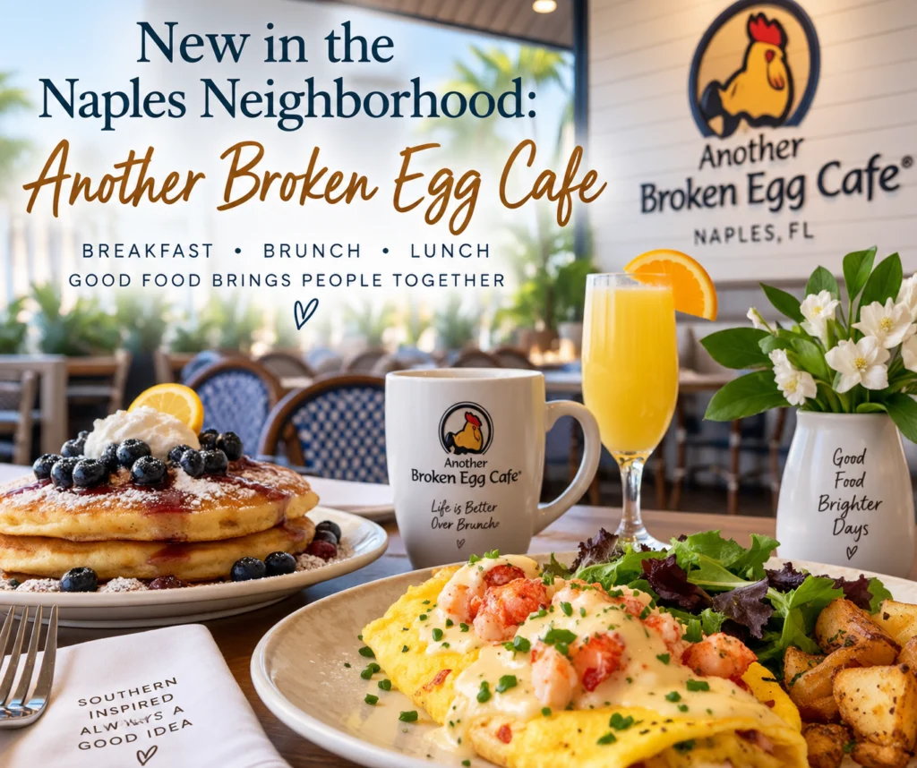 Another Broken Egg Cafe in Naples, Florida, featuring a Southern-inspired brunch spread with pancakes, an omelet, coffee and a mimosa.