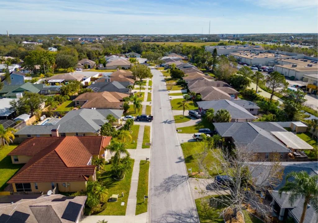 Arial long view of a home lined street
