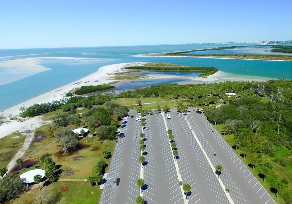Arial view of streets near a shore line