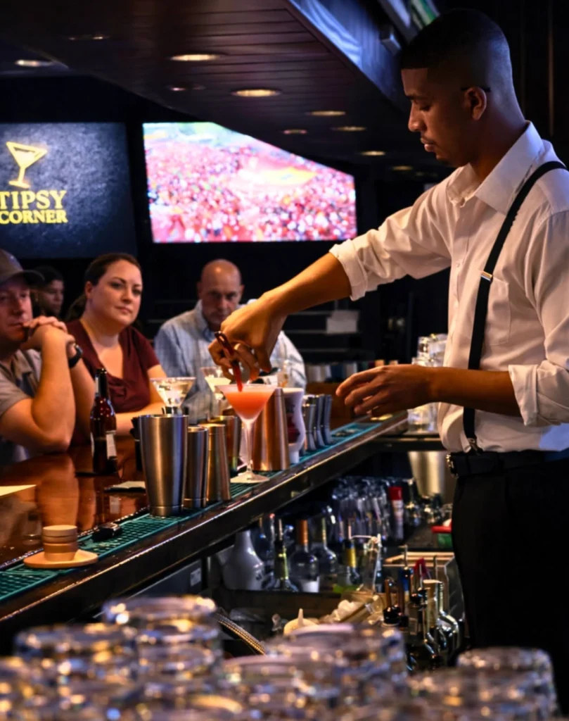 Bartender mixing cocktails at The Tipsy Corner bar