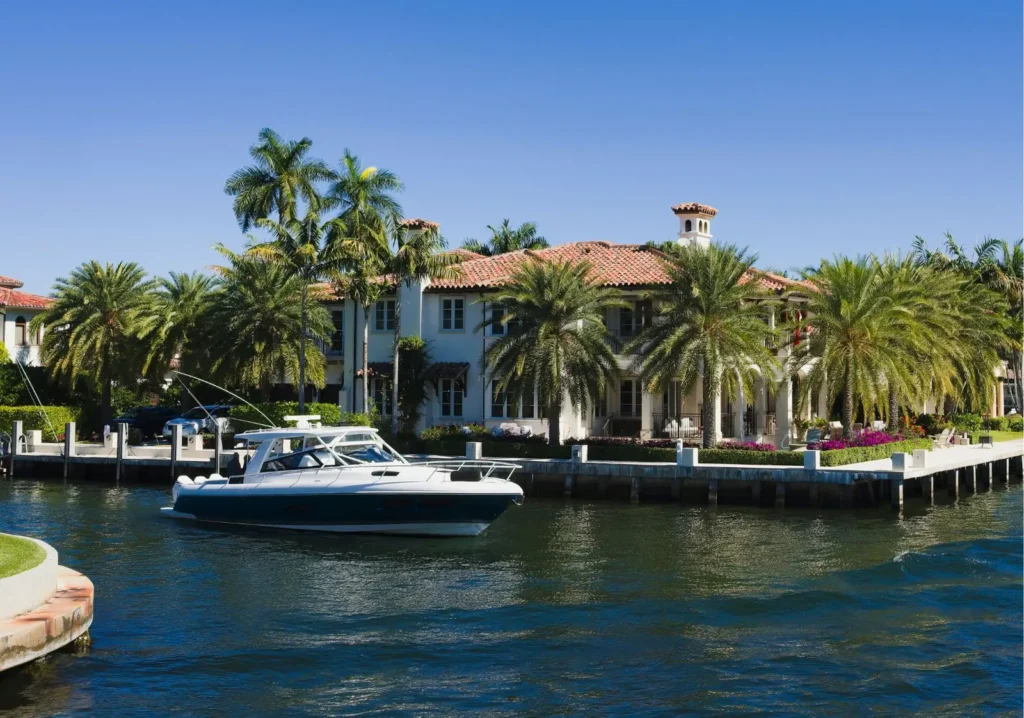 Boat parked at a home dock