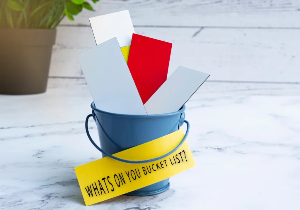 Bucket with notes labeled What's on your bucket list