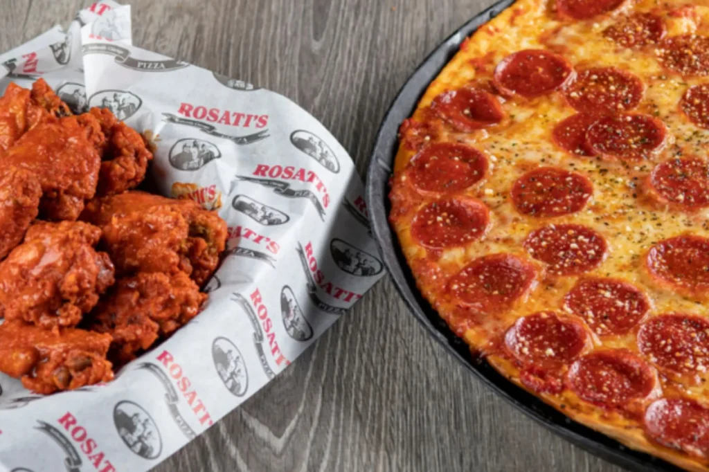 Buffalo wings and pepperoni pizza at Rosati's Pizza