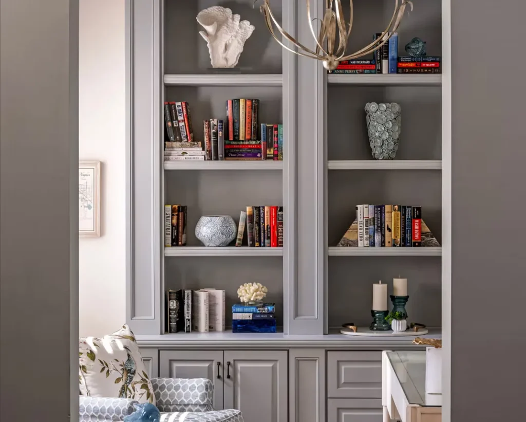 Built-in bookshelves with decor styled by Abodeable Home