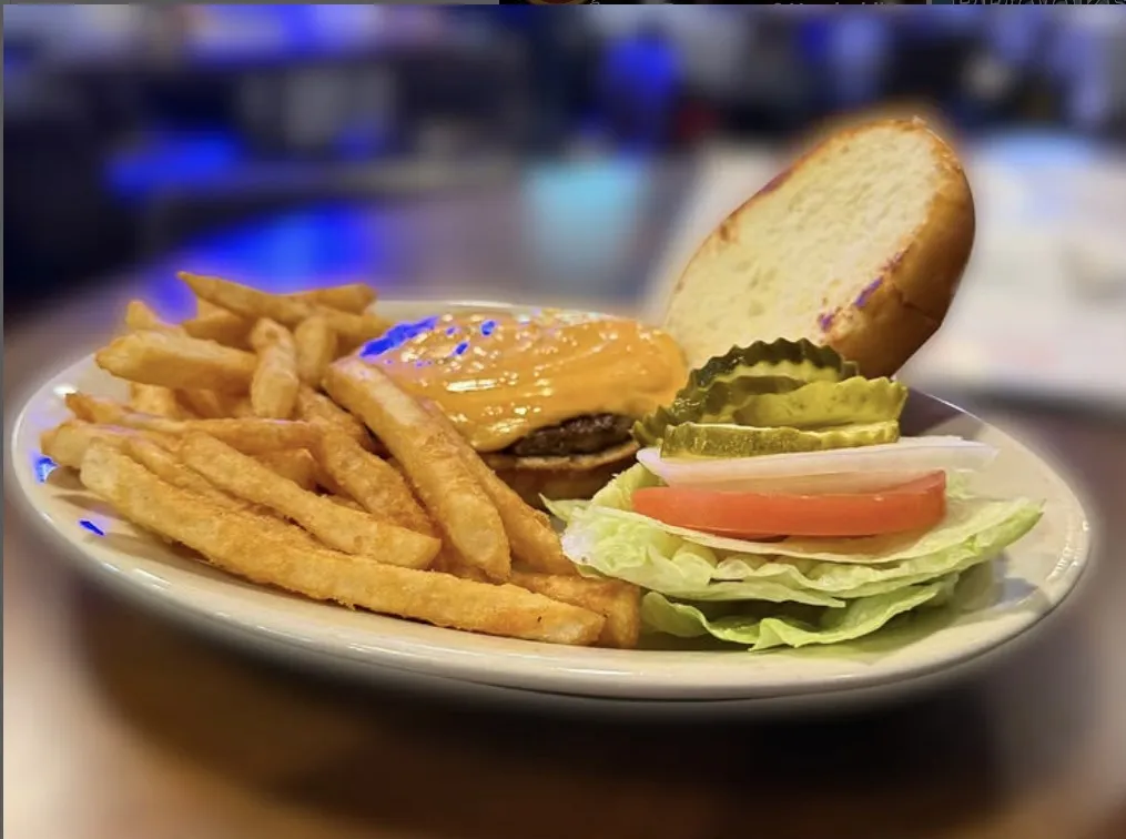 Burger and French Fries plate from Brooks Bar & Grill