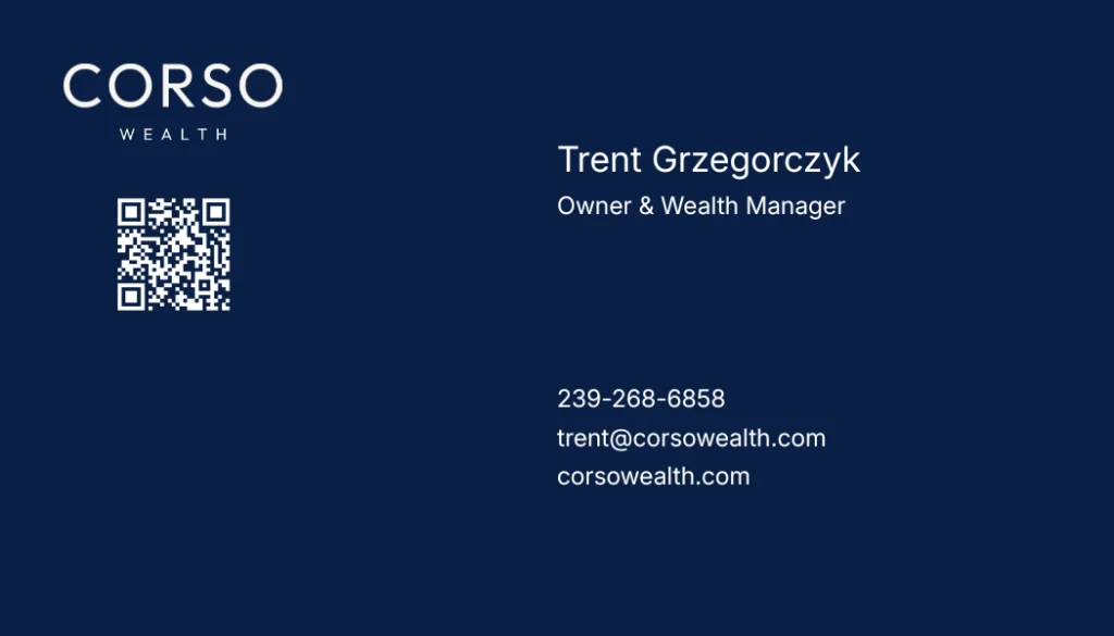 Business card for Trent Grzegorczyk, owner and wealth manager at Corso Wealth