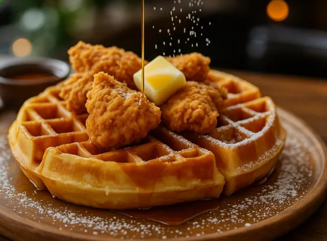 Chicken on waffles dish
