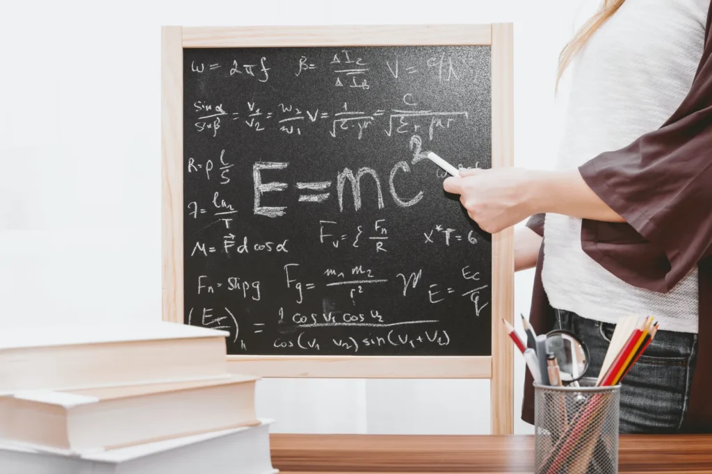 Classroom chalkboard with equations