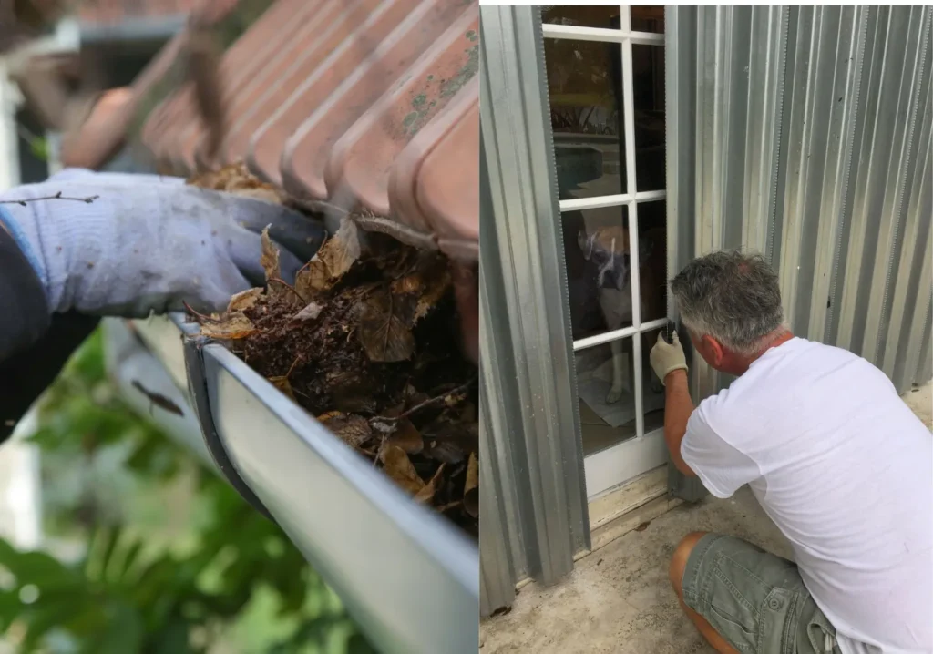 Clearing gutters and Installing Hurricane Shutters