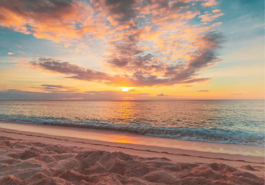 Close up of beach shoreline at sunset