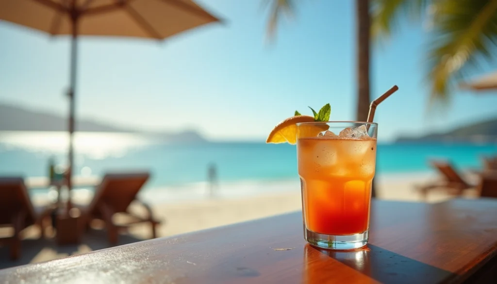Close-up view of a beach club bar with tropical drinks and ocean in the background