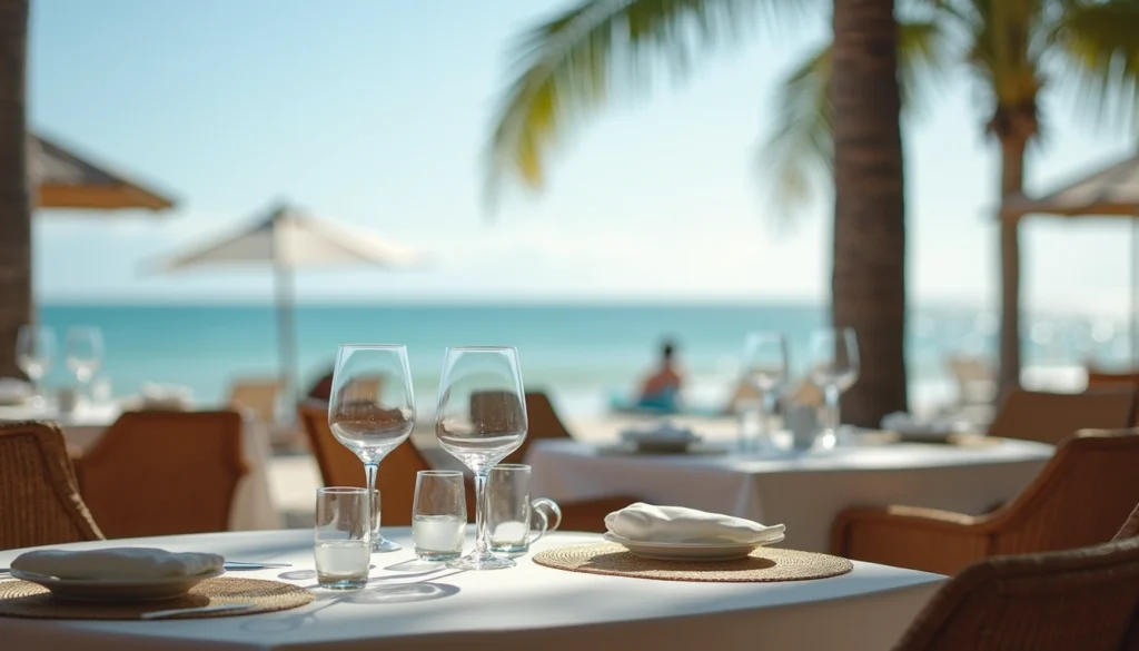 Close-up view of a beach club restaurant table set with ocean view