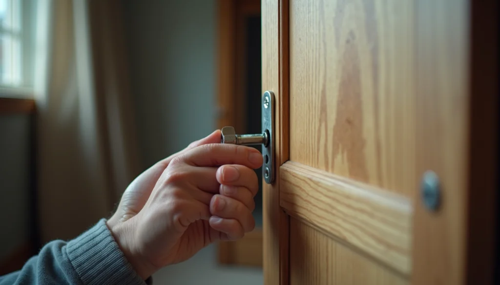 Close-up view of a handyman fixing a door hinge