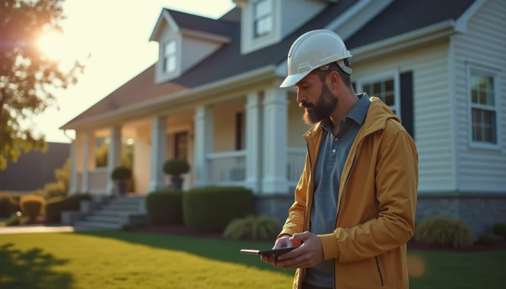 Close-up view of a home inspector examining a house exterior