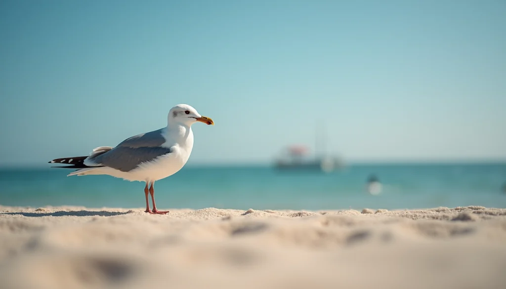 Close-up view of a seagull perched on a sandy beach