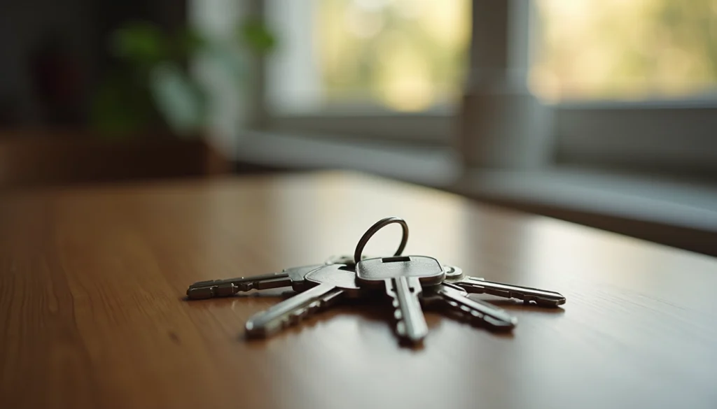 Close-up view of home keys on a wooden table