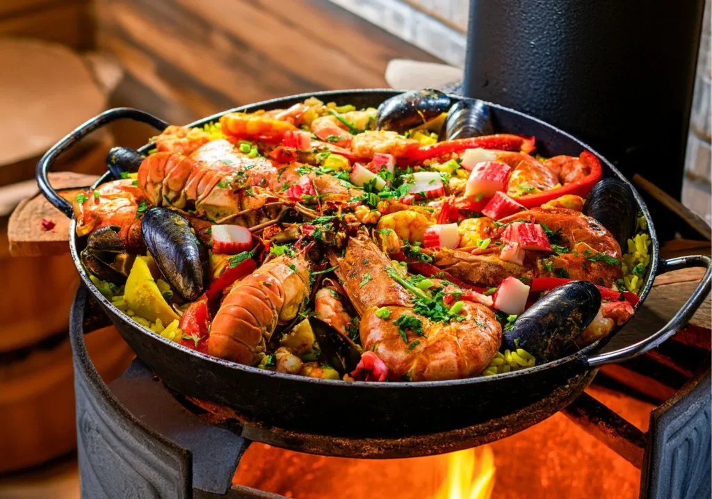 Close up view of paella in a cast iron pan