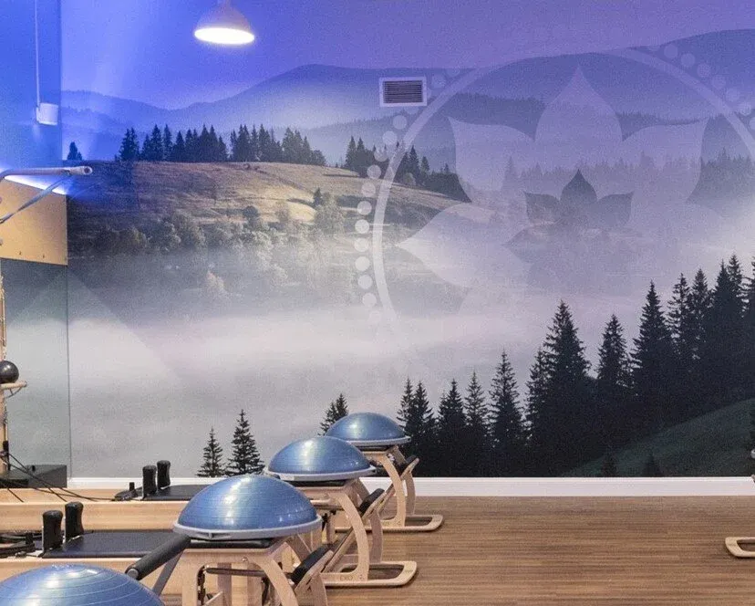 Club Pilates studio with mountain mural and reformer equipment
