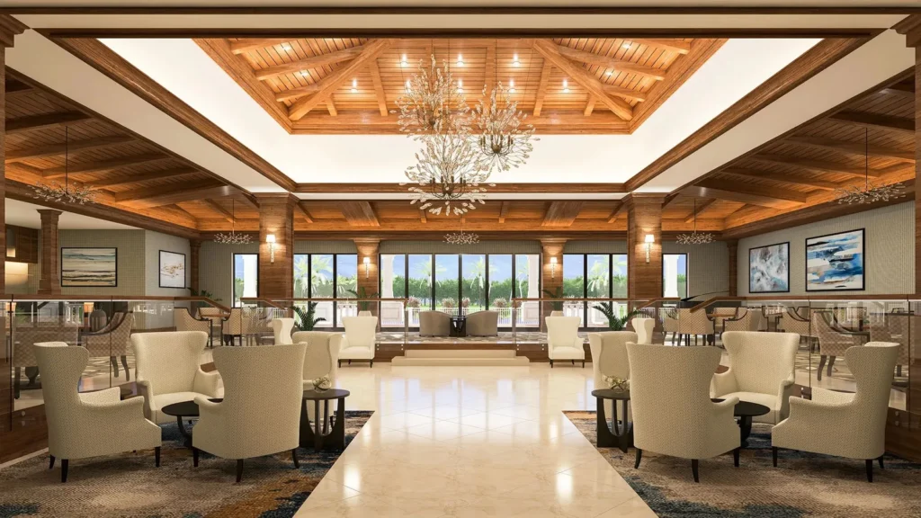 Clubhouse lounge with wood ceiling at Vineyards Country Club