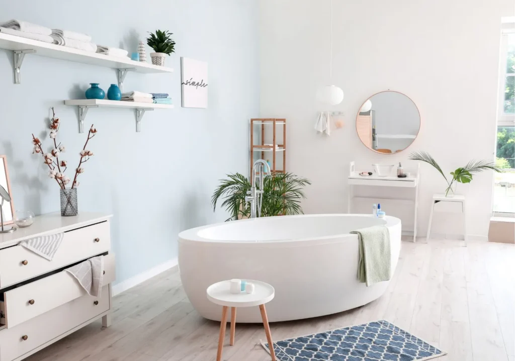 Coastal design bathroom with free-standing tub