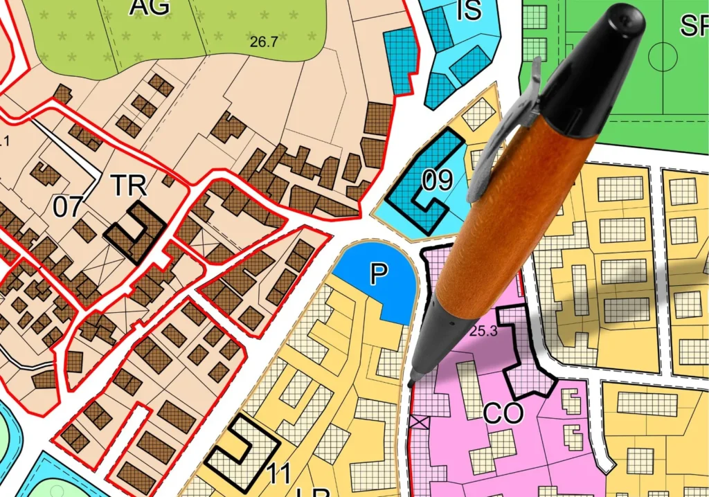 Colorful zone map with a large pen pointing on it