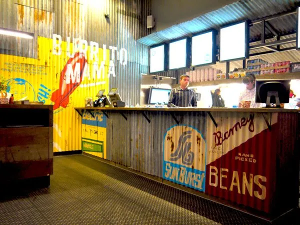 Corrugated metal counter and menu boards at Crazy King Burrito