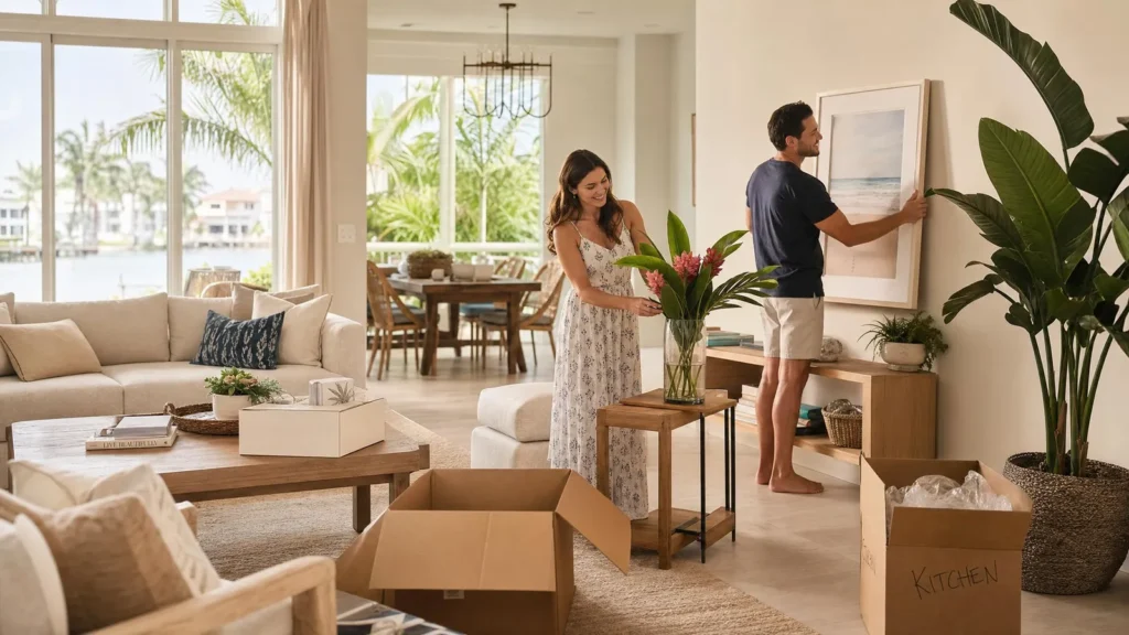 Couple unpacking moving boxes in a bright Florida living room