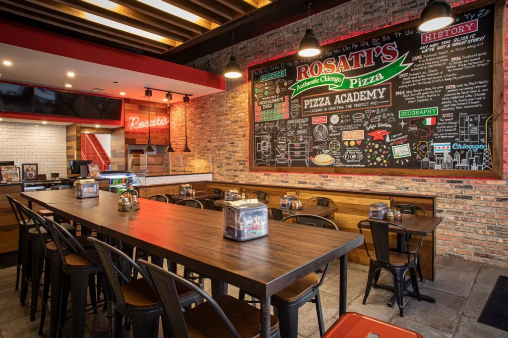 Dining room and chalkboard menu at Rosati's Pizza