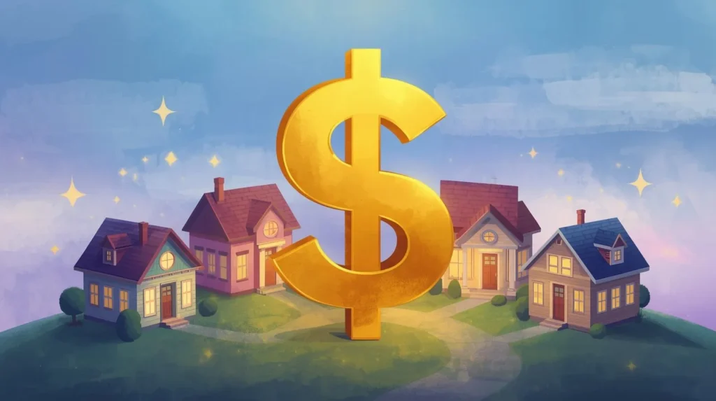 Dollar sign and houses around it.