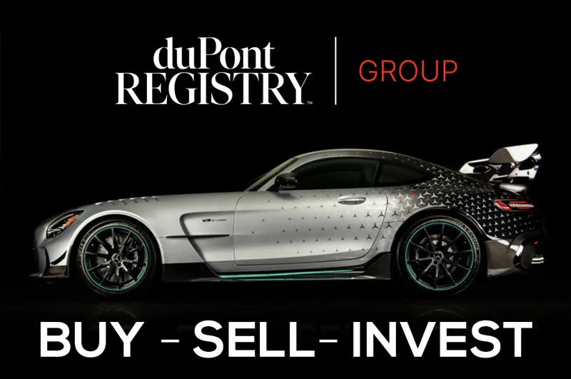 duPont Registry Group buy, sell, invest graphic with a silver sports car
