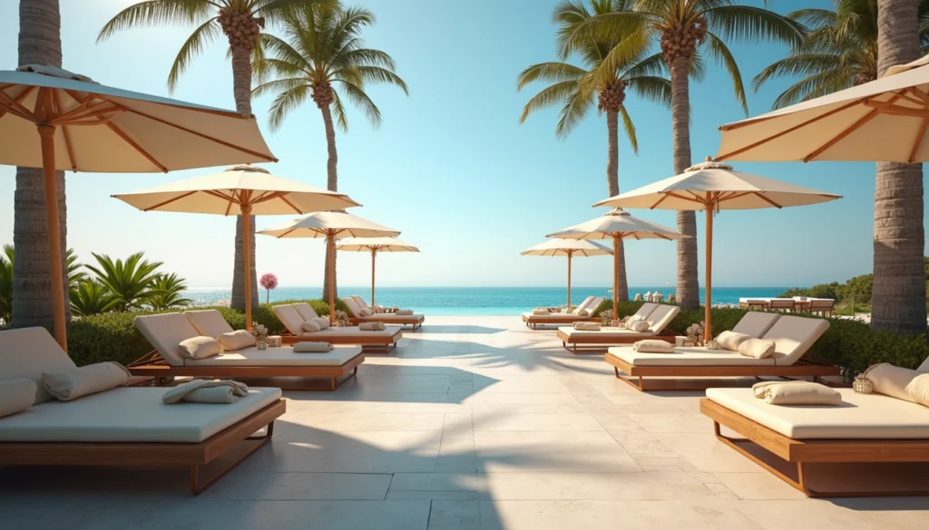 Eye-level view of a beach club lounge area with shaded cabanas and lounge chairs