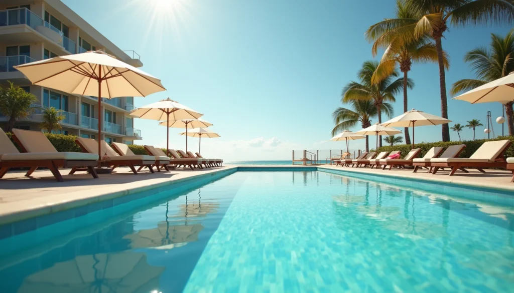 Eye-level view of a beach club pool area with lounge chairs and umbrellas