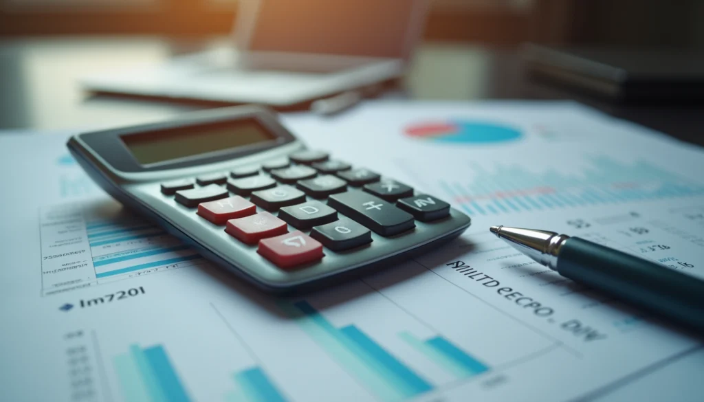 Eye-level view of a calculator with financial documents