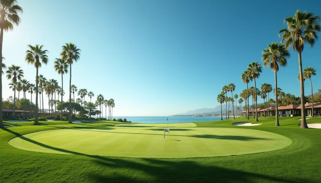Eye-level view of a golf course with palm trees and a clear blue sky