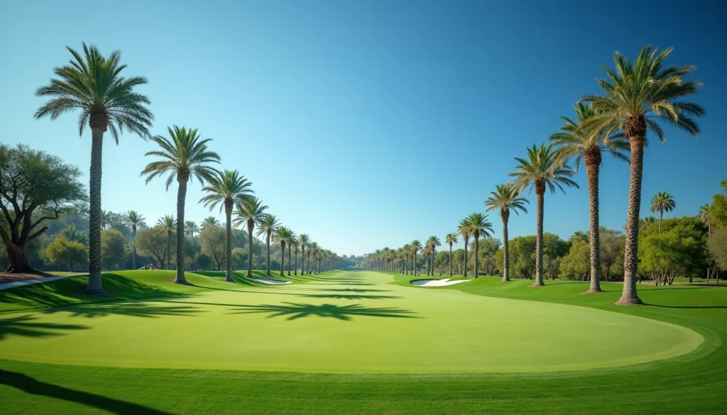 Eye-level view of a golf course with palm trees and a clear blue sky