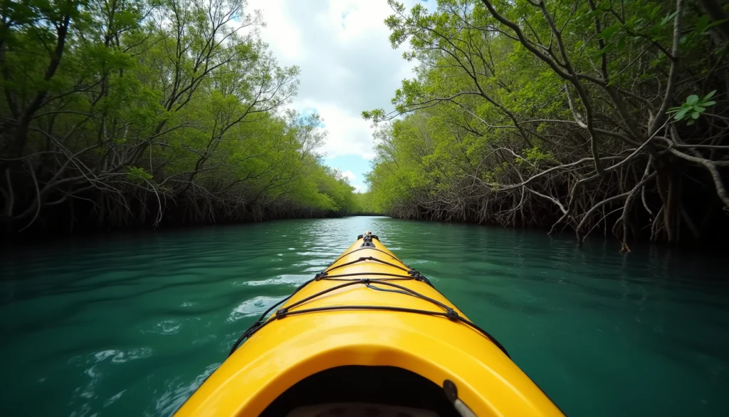Eye-level view of a kayak gliding through mangrove-lined waterways