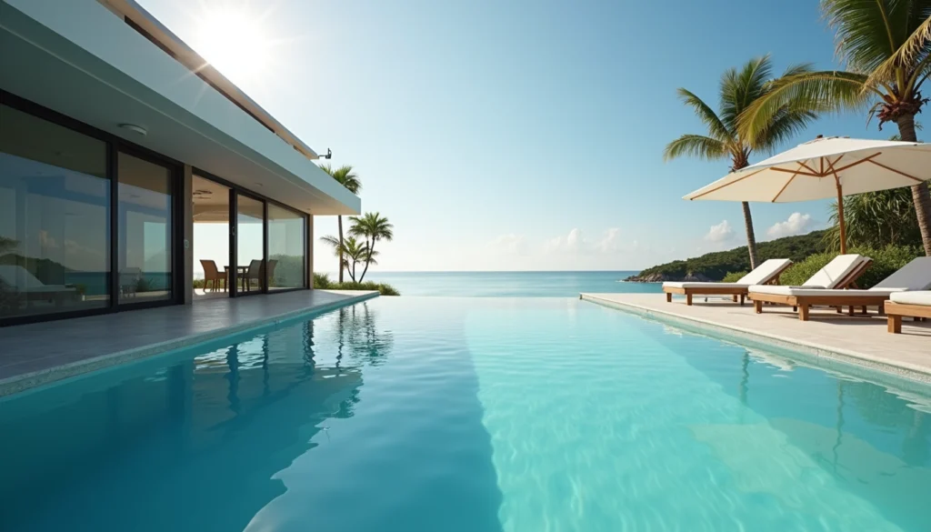 Eye-level view of a luxury beachfront vacation home with a pool