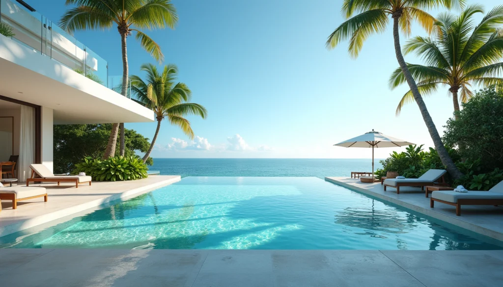 Eye-level view of a luxury beachfront villa with a pool and ocean in the background