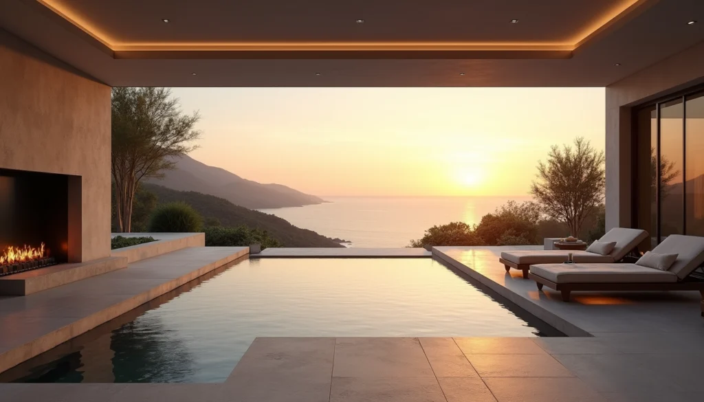 Eye-level view of a luxury home’s outdoor living area with pool and sunset view